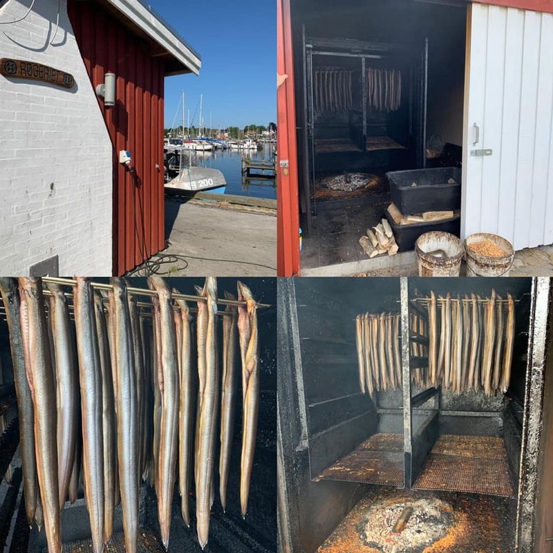 Fiskehusets røgeri med røgede ål på stænger